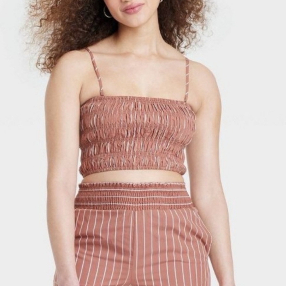 ♧♧ A New Day Brown Striped Smocked Crop Top Size Medium NWT
